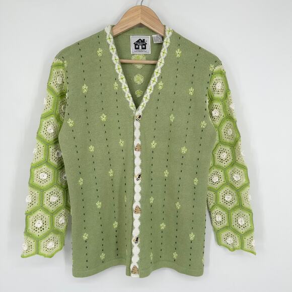 Storybook Knits Vintage 90s Bee Sweater Crochet Granny Square Chunky Cardigan - Picture 2 of 12
